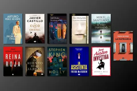 Colección de portadas de libros de los mejores thrillers, incluyendo "Reina Roja", "La Asistenta" y "El Cuco de Cristal".