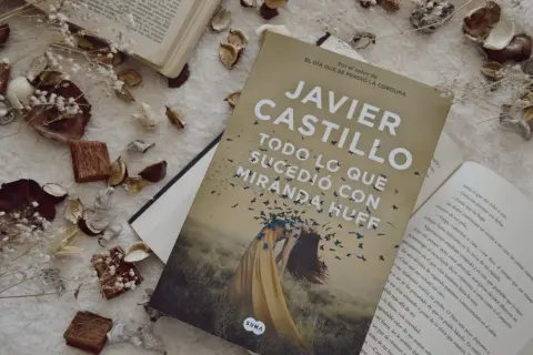 Libro "Todo lo que sucedió con Miranda Huff" de Javier Castillo, rodeado de elementos decorativos secos.