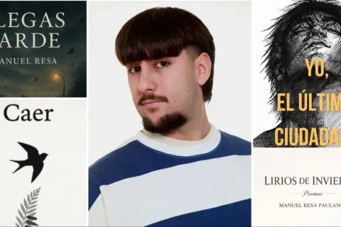 Retrato de Manuel Resa, uno de los escritores de Jaén, junto a portadas de sus libros "Llegas tarde", "Caer" y "Yo, el último ciudadano".