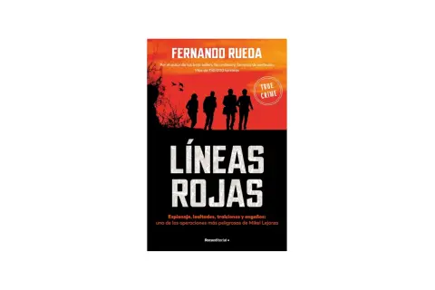 Portada del libro "Líneas Rojas" de Fernando Rueda, con siluetas de personas y el título destacado.