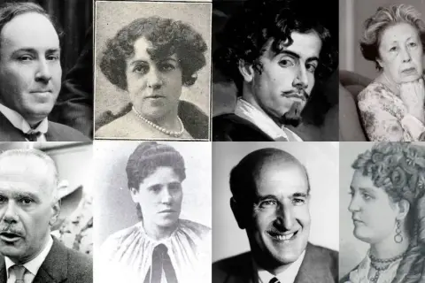 Collage de retratos de poetas sevillanos, hombres y mujeres de distintas épocas, con estilos variados.