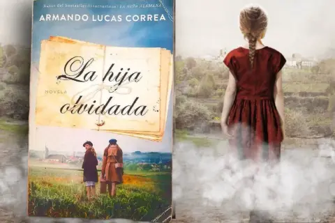 La sinopsis de "La hija olvidada" se revela en esta imagen. Un libro con el título y dos niñas en un campo, junto a una figura etérea de una niña.