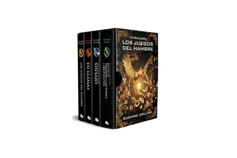 Tetralogía "Los Juegos del Hambre" de Suzanne Collins, con sus libros parecidos a los juegos del hambre, en una caja dorada con un ave fénix y serpientes.