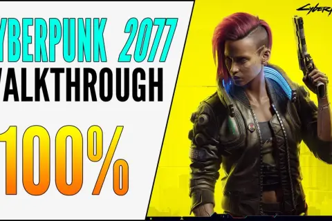 Mujer con pelo rojo y pistola, estilo cyberpunk, en un fondo amarillo brillante. Texto: "CYBERPUNK 2077 WALKTHROUGH 100%".