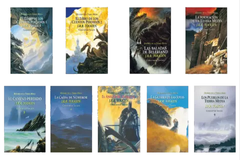 Colección "Historia de la Tierra Media" de J.R.R. Tolkien, con ilustraciones épicas que narran el orden de los eventos.