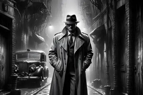 Un detective con gabardina y sombrero camina bajo la lluvia en un callejón oscuro. Un coche clásico y edificios sombríos evocan la esencia de **qué es la novela negra**.