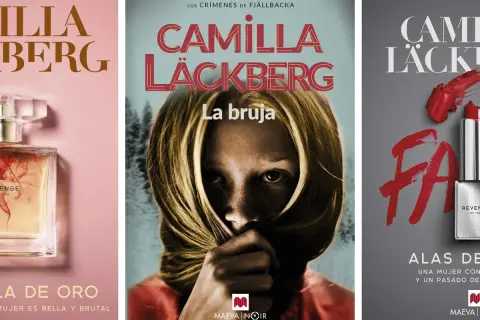Tres portadas de libros de Camilla Läckberg: "La bruja", "Alas de oro" y otra con un labial rojo.