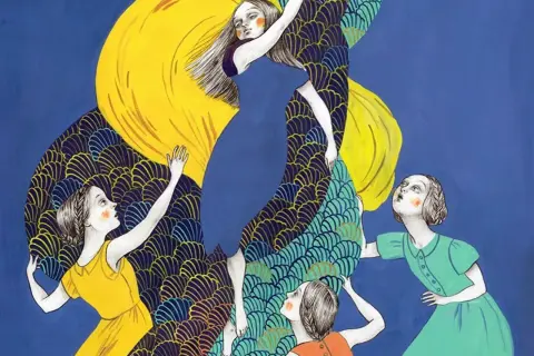 Ilustración de **realismo mágico literatura**: mujeres con vestidos coloridos interactúan con una gran forma amarilla y escamas azules, evocando un mundo onírico.