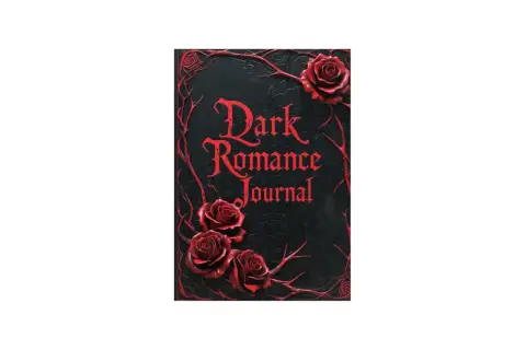 Diario de **libro dark romance** con rosas rojas y ramas retorcidas sobre fondo negro.