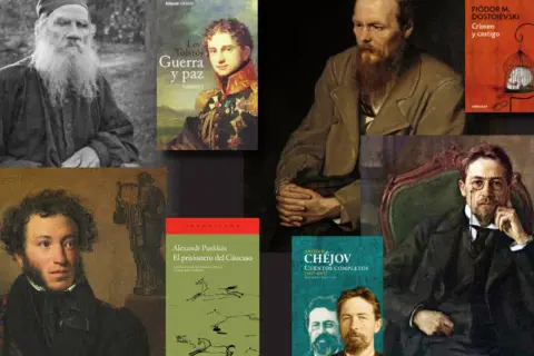 Retrato de Tolstói, Dostoievski, Pushkin y Chéjov, grandes escritores rusos, junto a sus obras.