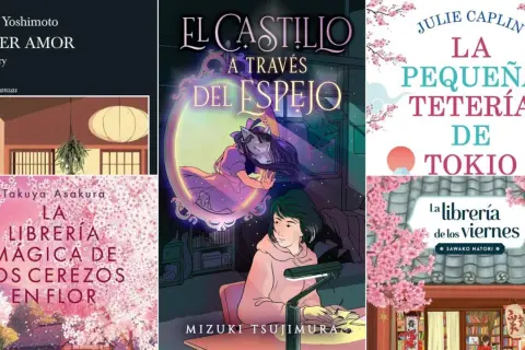 Colección de portadas de novela japonesa: "El castillo a través del espejo", "La pequeña tetería de Tokio", "La librería mágica de los cerezos en flor".