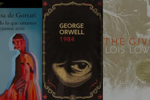 Tres portadas de novelas distópicas: "Todo lo que amamos y dejamos atrás", "1984" de George Orwell y "The Giver" de Lois Lowry.