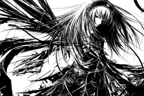 Una figura femenina de estilo anime con cabello largo y oscuro, envuelta en un torbellino de trazos negros, evoca un sentimiento de misterio y su seinen significado.
