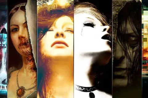 Collage de imágenes de terror psicológico: calavera, mujer desfigurada, rostro angustiado, figura sombría y glitch visual.