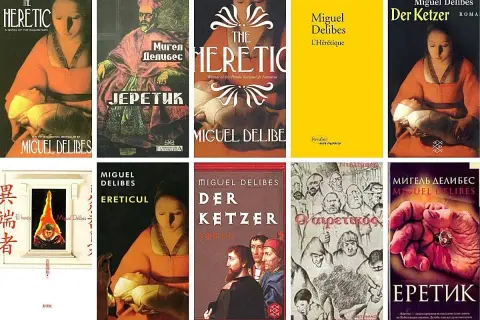 Portadas de obras de Miguel Delibes, incluyendo "El hereje" en varias ediciones y otros títulos en diferentes idiomas.