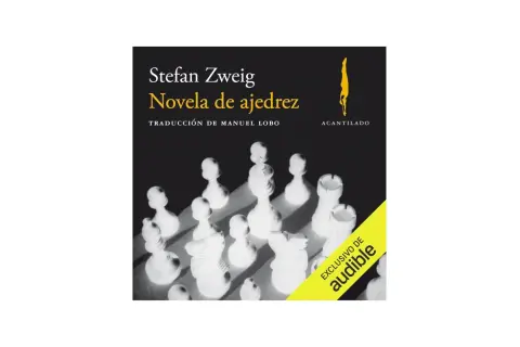 Resumen de la novela de ajedrez de Stefan Zweig, con piezas de ajedrez blancas en primer plano y el título del libro.