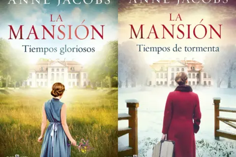 Dos portadas de "La Mansión" de Anne Jacobs. Una muestra tiempos gloriosos con una mujer en un campo verde, la otra, tiempos de tormenta con nieve y una maleta.