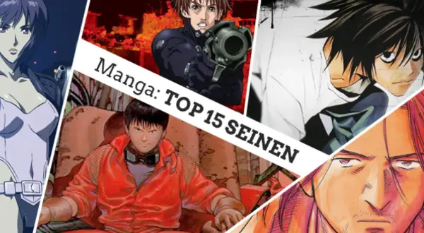 Collage de personajes de anime y manga, incluyendo a Motoko Kusanagi, un soldado con arma, L de Death Note y Kaneda de Akira. El texto dice "Manga: TOP 15 SEINEN", destacando los mejores seinen manga.