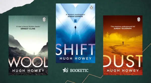 Las portadas de los libros "Wool", "Shift" y "Dust" de Hugh Howey, con paisajes desolados y figuras solitarias.