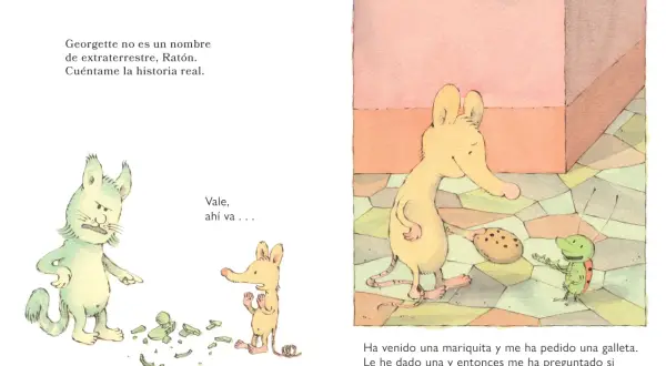 Un ratón cuenta historias reales: una mariquita pidió galleta y luego preguntó por sus primos. Un gato verde, molesto, señala restos en el suelo.