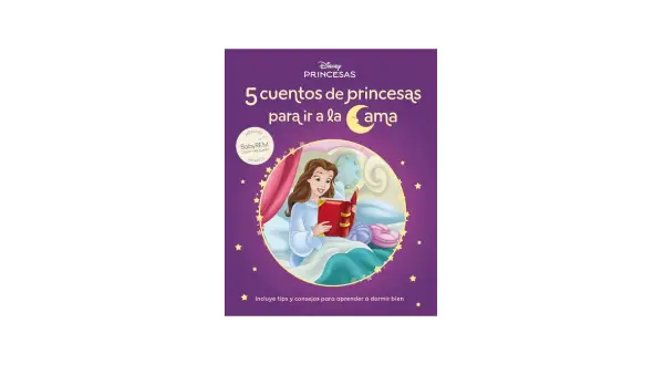 Libro "5 cuentos de princesas para ir a la cama" con Bella leyendo en su cama. Incluye consejos para dormir.