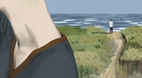 Un hombre solitario mira el mar desde una duna, evocando el sentimiento de "la isla de Alice resumen".