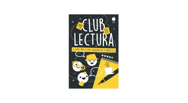 Mi club de lectura: un diario para compartir recomendaciones literarias. Personajes animados, estrellas y una taza de café invitan a la lectura.