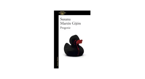 La portada del libro "Progenie" de Susana Martín Gijón muestra un patito de goma negro con lágrimas rojas, sugiriendo una sinopsis oscura y emotiva.