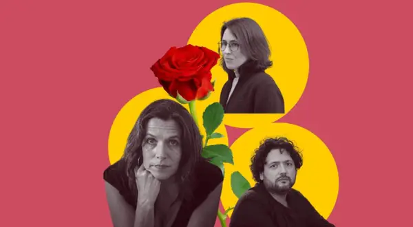 Retrato de tres escritores catalanes actuales: una mujer con gafas, otra pensativa y un hombre con barba. Una rosa roja los une.
