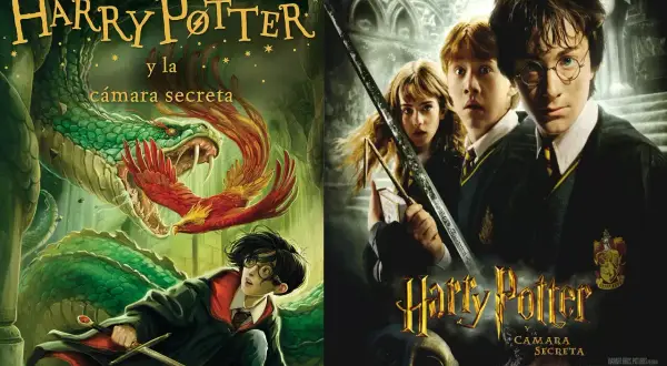 Harry Potter y la Cámara Secreta: portada del libro con Harry enfrentando a la serpiente y póster de la película con Harry, Ron y Hermione. El orden de los libros de Harry Potter es importante.