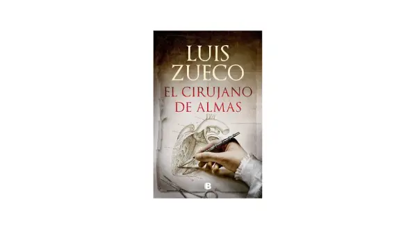 Portada del libro "El cirujano de almas" de Luis Zueco. Una mano con puño de encaje dibuja un corazón anatómico con un bisturí.