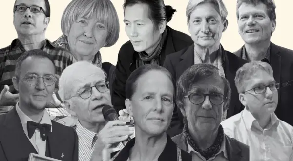 Retrato collage de varios escritores italianos actuales, con rostros diversos y expresiones pensativas.