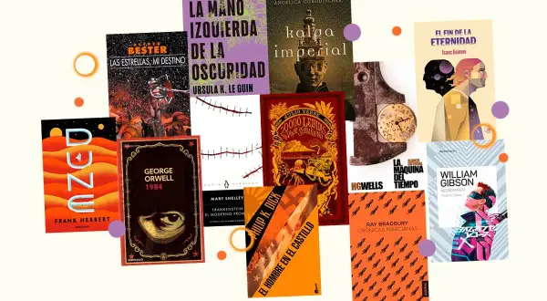 Colección de portadas de **mejores novelas ciencia ficcion**: Dune, 1984, Neuromante, La mano izquierda de la oscuridad, El fin de la eternidad, entre otras.