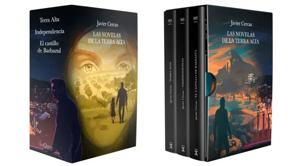 La trilogía de Javier Cercas "Las novelas de la Terra Alta" en edición de tapa dura, con ilustraciones evocadoras de paisajes y figuras humanas.
