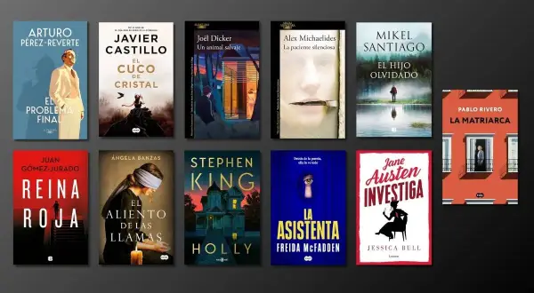 Colección de portadas de libros de los mejores thrillers, incluyendo "Reina Roja", "La Asistenta" y "El Cuco de Cristal".