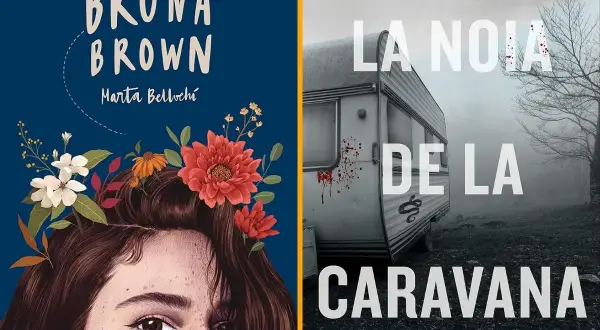 Dos portadas de libros en catalán para adolescentes: "Bruna Brown" con flores y "La noia de la caravana" con una caravana misteriosa.