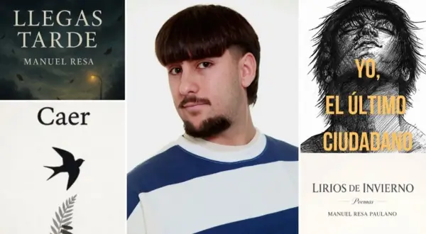 Retrato de Manuel Resa, uno de los escritores de Jaén, junto a portadas de sus libros "Llegas tarde", "Caer" y "Yo, el último ciudadano".