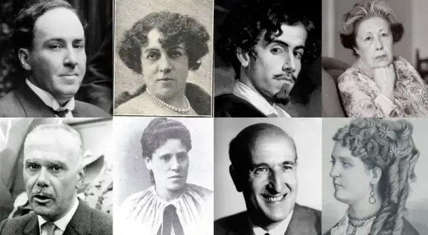 Collage de retratos de poetas sevillanos, hombres y mujeres de distintas épocas, con estilos variados.