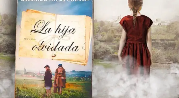 La sinopsis de "La hija olvidada" se revela en esta imagen. Un libro con el título y dos niñas en un campo, junto a una figura etérea de una niña.