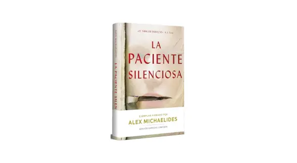 Libro "La paciente silenciosa" de Alex Michaelides. Portada con rostro femenino rasgado, evocando la sinopsis de la paciente silenciosa. Edición especial firmada.