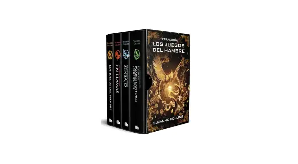 Tetralogía "Los Juegos del Hambre" de Suzanne Collins, con sus libros parecidos a los juegos del hambre, en una caja dorada con un ave fénix y serpientes.