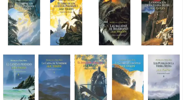Colección "Historia de la Tierra Media" de J.R.R. Tolkien, con ilustraciones épicas que narran el orden de los eventos.