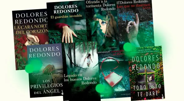Libros de Dolores Redondo, incluyendo "La cara norte del corazón", con portadas misteriosas y evocadoras.