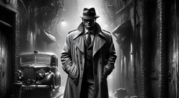 Un detective con gabardina y sombrero camina bajo la lluvia en un callejón oscuro. Un coche clásico y edificios sombríos evocan la esencia de **qué es la novela negra**.