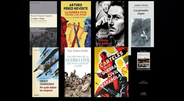 Ocho portadas de libros sobre la guerra civil española, incluyendo obras de Hemingway, Pérez-Reverte y Cercas.