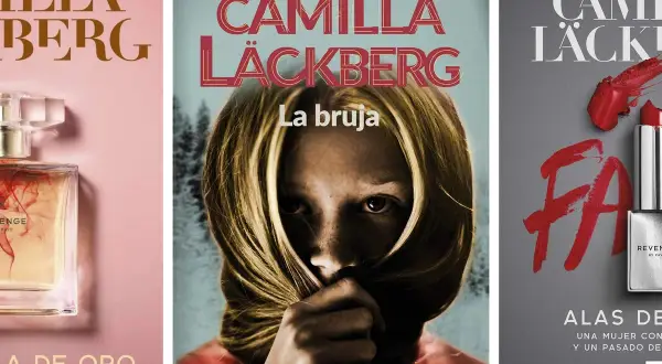 Tres portadas de libros de Camilla Läckberg: "La bruja", "Alas de oro" y otra con un labial rojo.