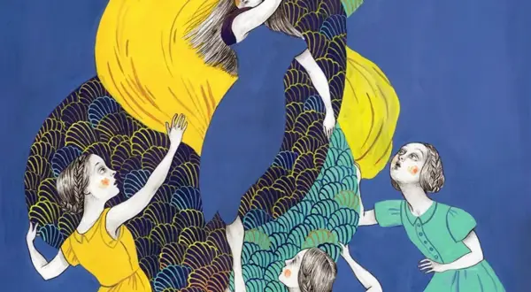 Ilustración de **realismo mágico literatura**: mujeres con vestidos coloridos interactúan con una gran forma amarilla y escamas azules, evocando un mundo onírico.