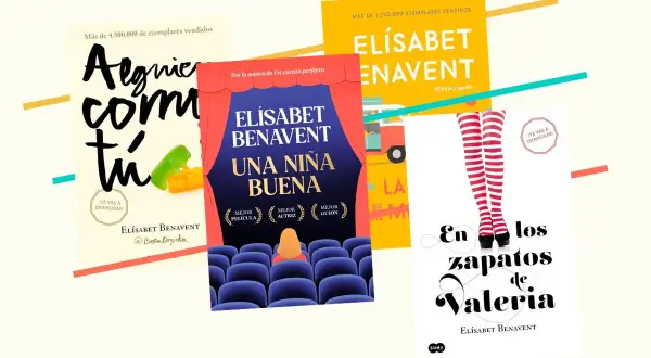 Libros de Elísabet Benavent, incluyendo "En los zapatos de Valeria", parte de la saga Valeria, con diseños coloridos y llamativos.