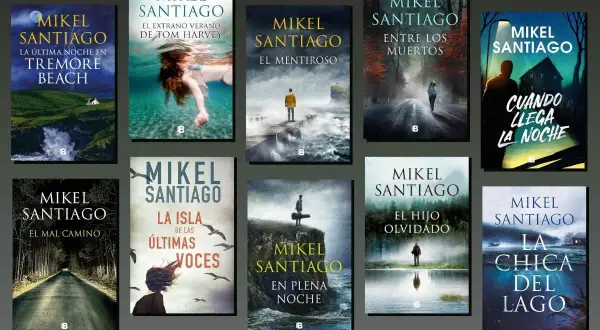 Colección de libros de Mikel Santiago, con títulos como "La última noche en Tremore Beach" y "El mal camino".