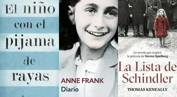 Portadas de libros: "El niño con el pijama de rayas", "Diario de Anne Frank" y "La Lista de Schindler", novelas de la Segunda Guerra Mundial basadas en hechos reales.